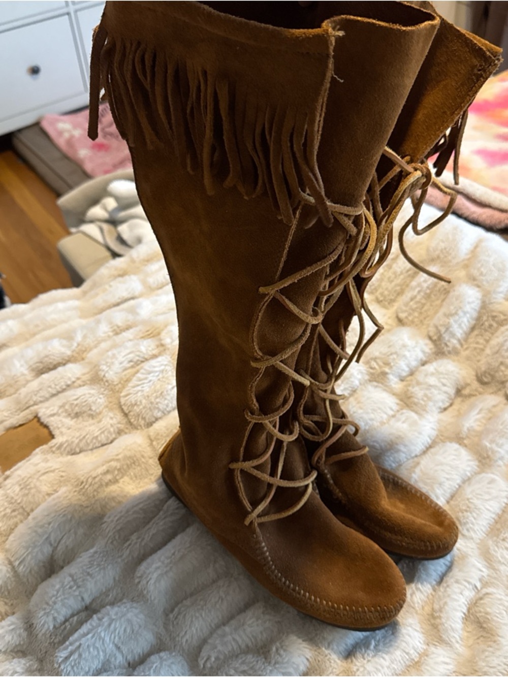 Minnetonka Cognac Suede Over-the-Knee Fringe Lace-Up Boots